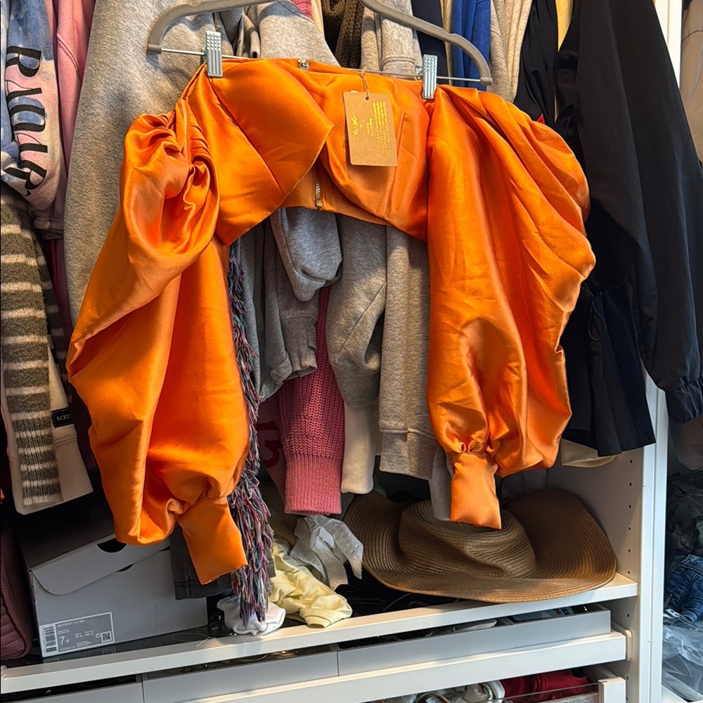 Satin Puff-Sleeve Crop Top in Bright Orange